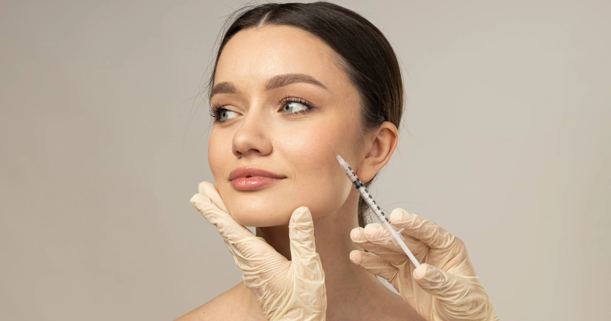 A young woman receives a facial injection in her cheek from a gloved practitioner for Neuromodulators in Brooklyn, NY against a neutral background.